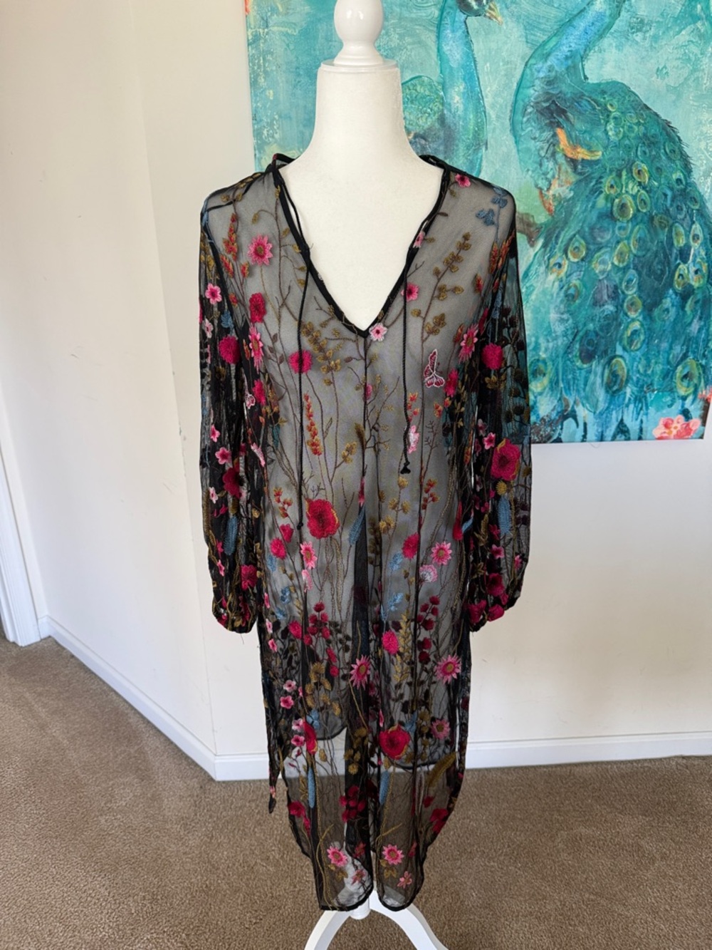 Zara Sheer Black Floral Embroidered Cover-Up Dress